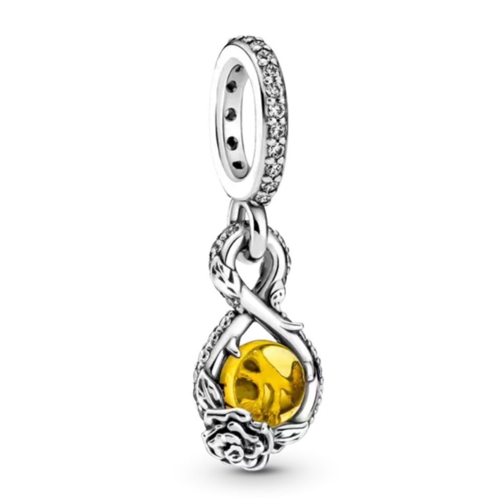 NWOT Disney, Belle Infinity & Rose Flower Pendant Dangle Charm Silver 925